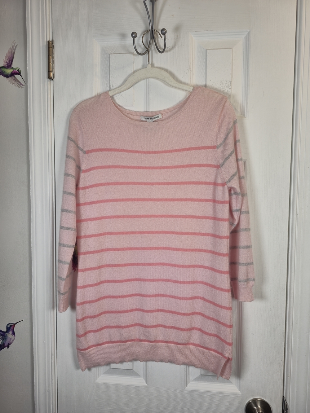 Autumn Cashmere Pink & Grey Striped 100% Cashmere Crewneck Sweater Large
